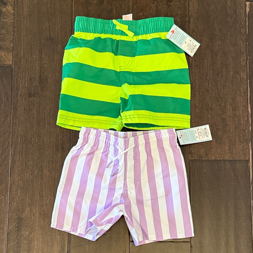 NWT Cat and Jack Striped Kids Swim Shorts - Green/Neon & Purple/White Bundle